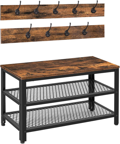 Hall Tree Entryway Storage Bench, Coat Rack Shoe Bench, Shoe Rack Organizer with Coat Hooks, 3-In-1 Design, Wooden Furniture with Metal Frame, Rustic Brown and Black BF17MT01