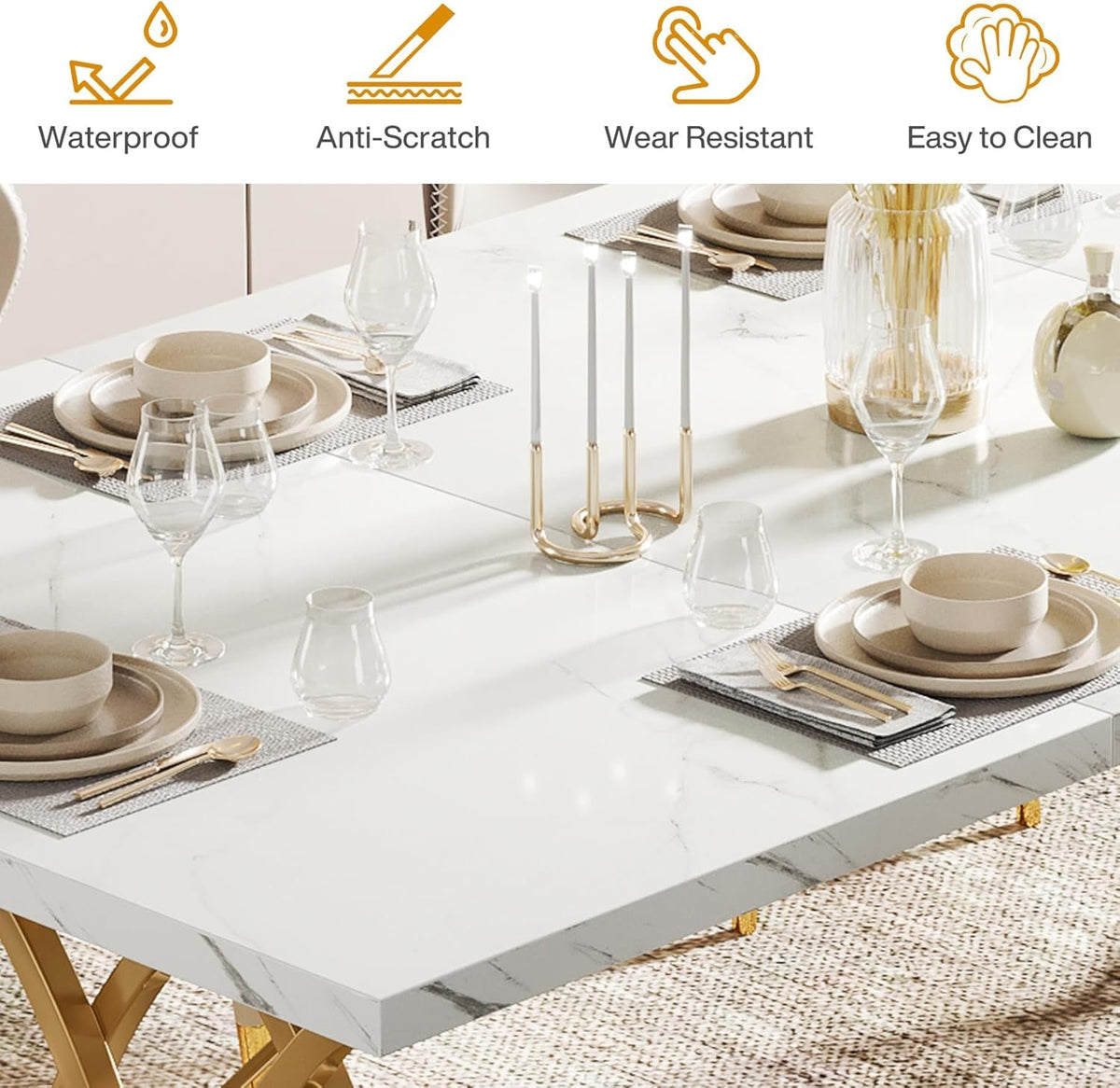 63-Inch Faux Marble Dining Table with Gold Geometric Legs