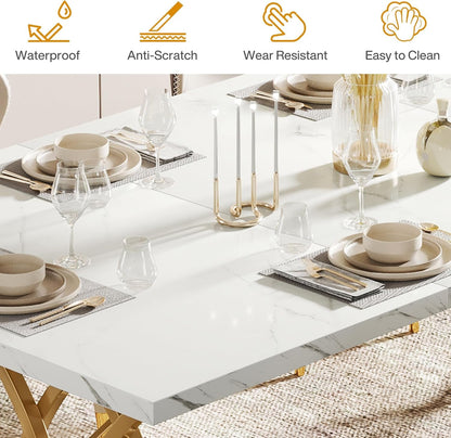 63-Inch Faux Marble Dining Table with Gold Geometric Legs