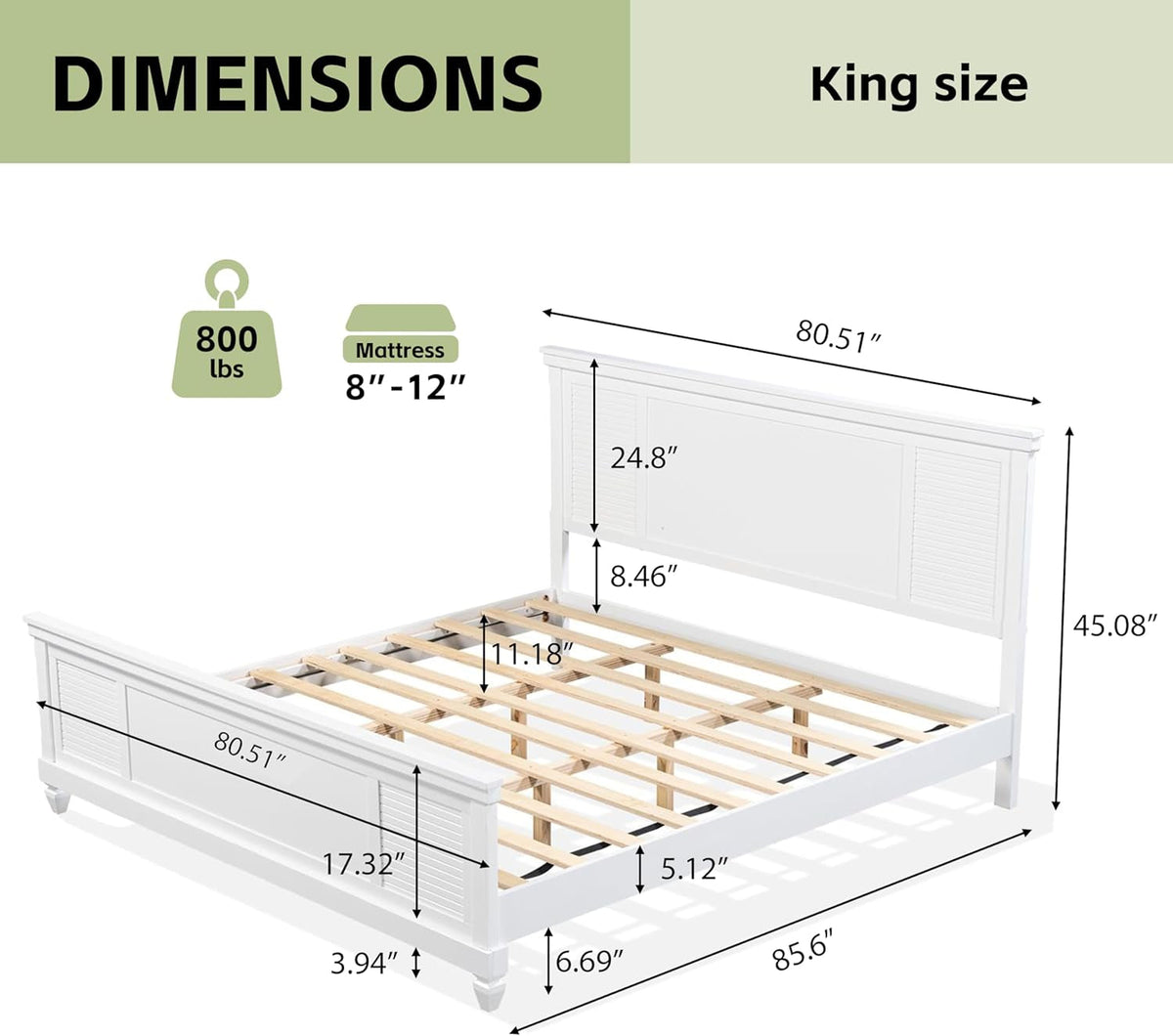 King Size Bed Frame and Wood Headboard, Farmhouse White Platform Bed Frame with Sturdy Wooden Support Slats, No Box Spring Needed, Holds up to 800 Pounds, Noise-Free, Easy Assembly