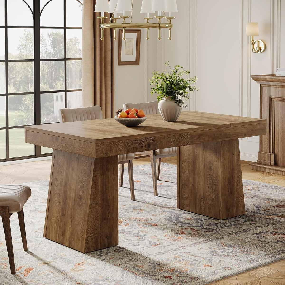 Dining Room Table for 4-6, 55-Inch Mid-Century Modern Dining Table with Double Pedstral, Rectangular Wood Kitchen Dinner Table for Dining Room, Kitchen, Home, White