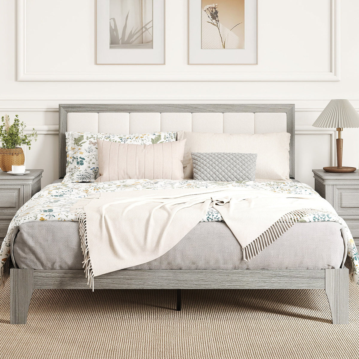 Queen Bed Frame with Headboard Queen Platform Bed Frame with Wooden Slats No Box Spring Needed Easy Assembly Gray