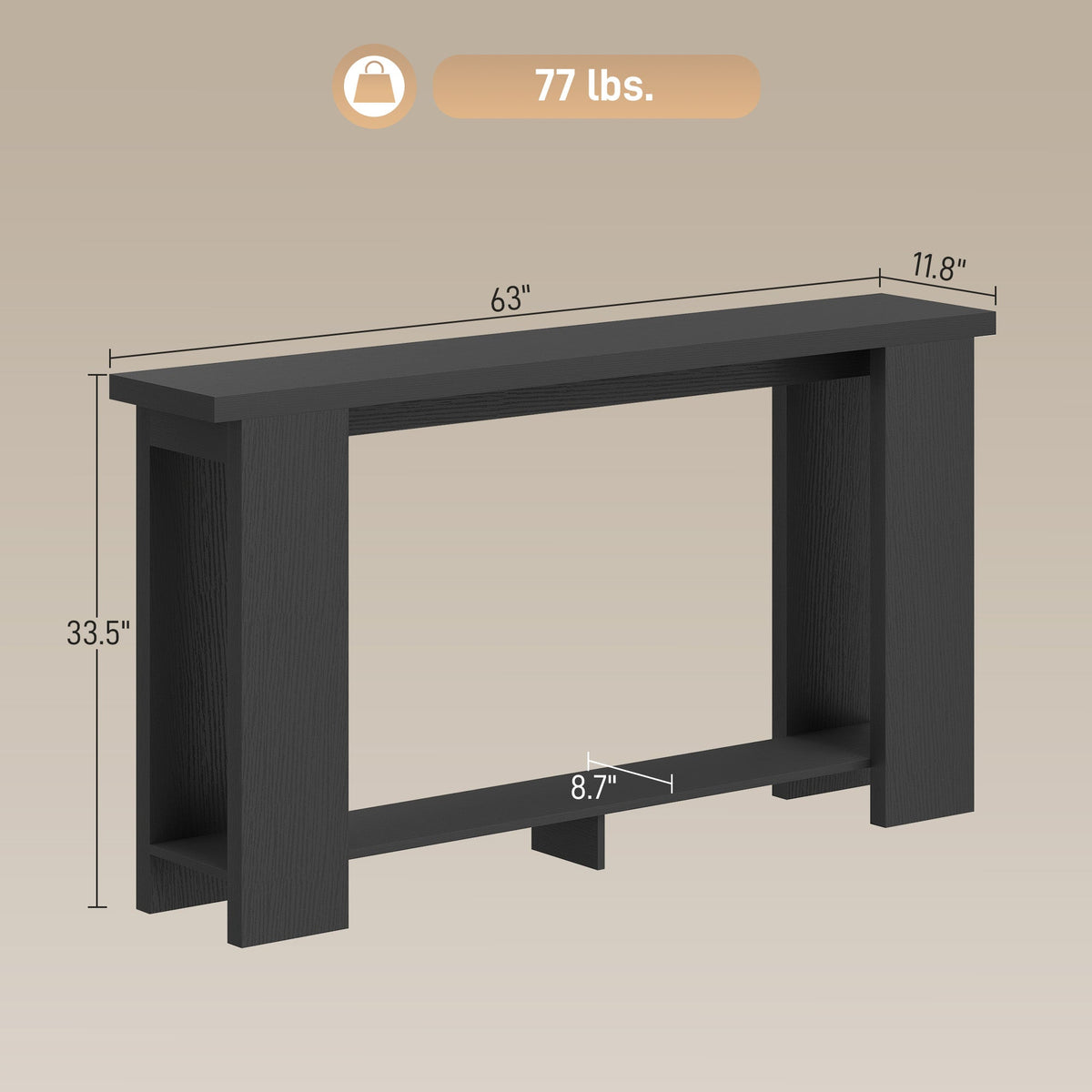 Farmhouse Console Table, 63" Narrow Entryway Table with Thickened Tabletop for Living Room, Hallway, Distressed Black