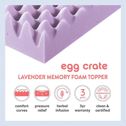 3 Inch Egg Crate Memory Foam Mattress Topper with Soothing Lavender Infusion, Certipur-Us Certified, Dorm Essentials, Twin