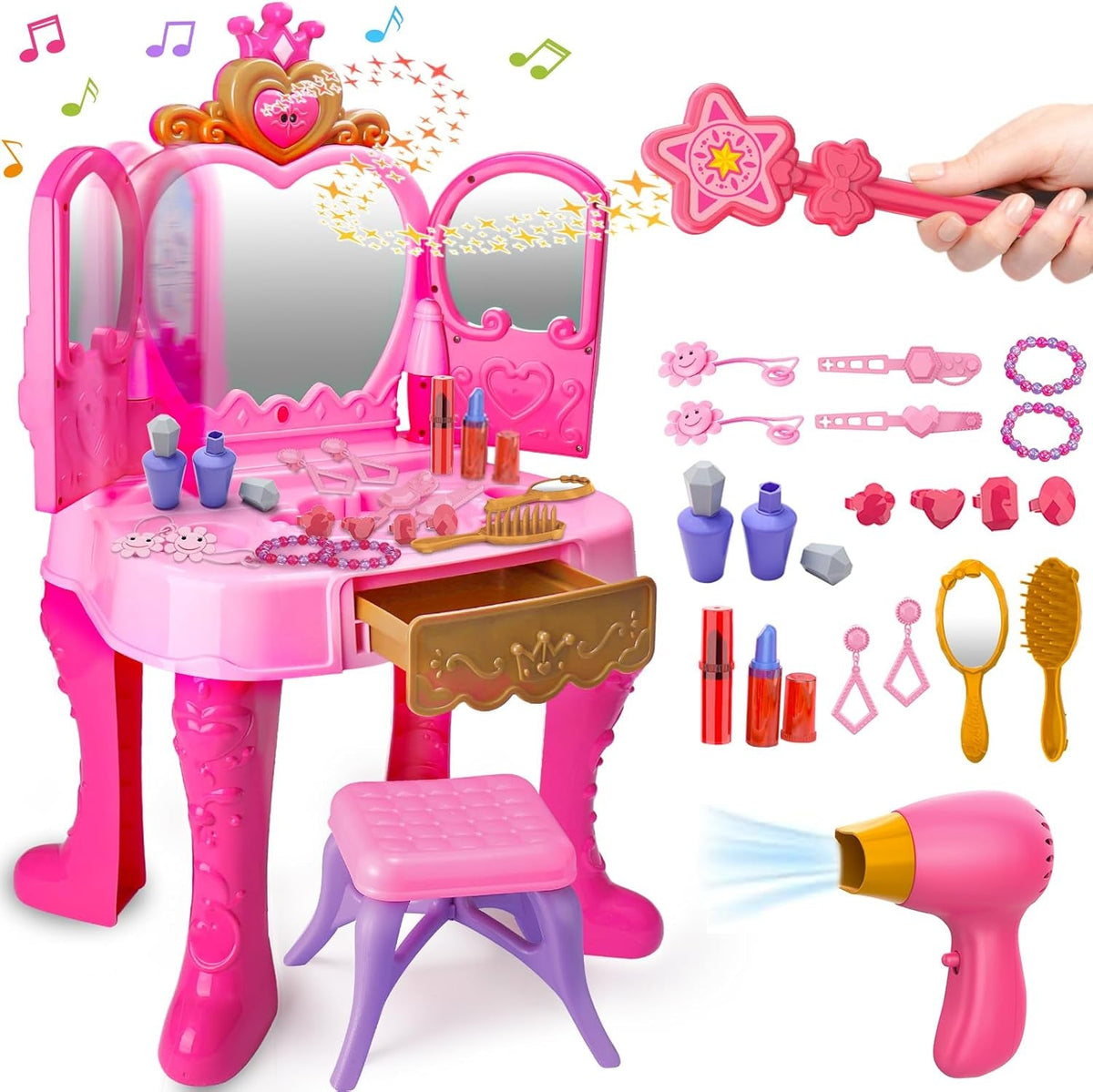 Toddler Vanity Toy Set with Musical Lighted Mirror, Pink, Ages 3-5