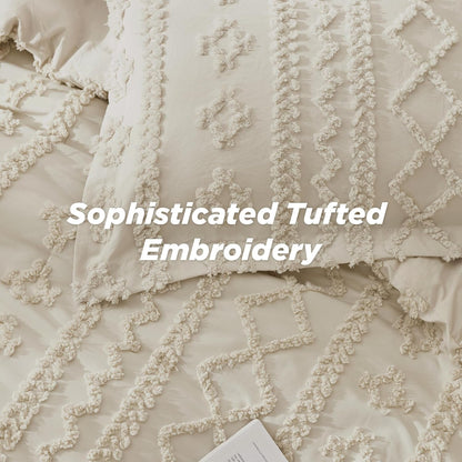 Tufted Boho Comforter Set Queen Size - Beige Boho Bed Set, Gentlesoft™ 3 Pieces Farmhouse Shabby Chic Embroidery Bedding, Gifts for Woman, Soft Jacquard Queen Comforter for All Seasons