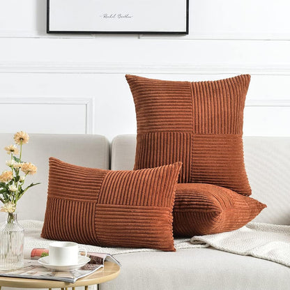 Fancy Homi Rust Lumbar Decorative Throw Pillow Covers 12x20 Inch for Couch Bed Sofa, Rustic Farmhouse Boho Home Decor, Soft Striped Corduroy Rectangle Accent Terracotta Cushion Case 30x50 cm