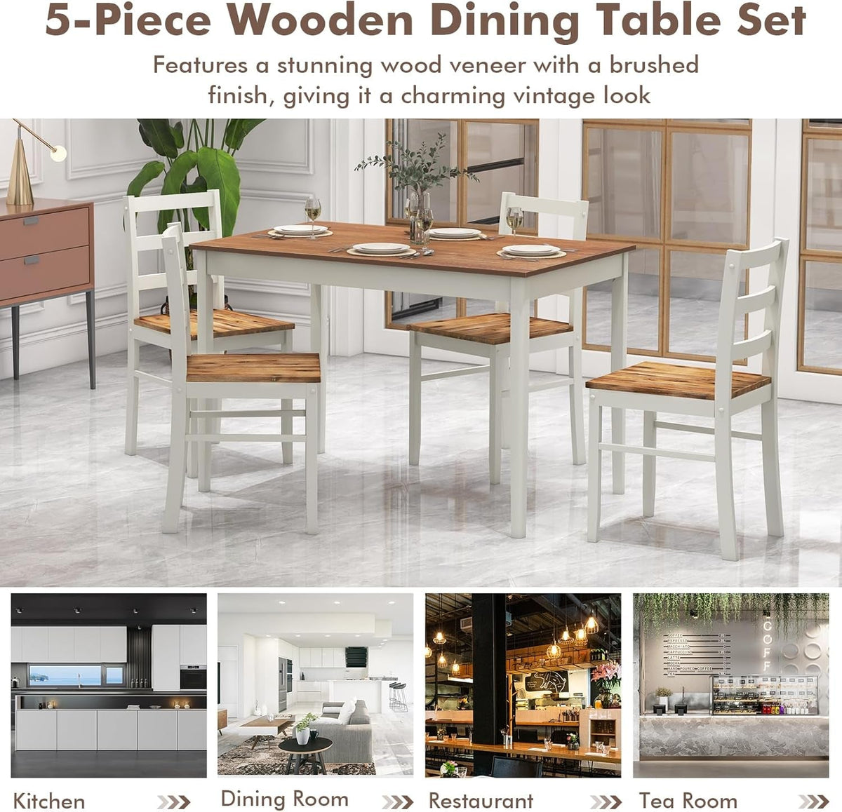5-Piece Dining Set for 4, Solid Wood Rectangular Table & 4 Chairs Wtih Rubber Wood Legs, Kitchen Table and Chairs Set for Small Spaces Dinette Dining Room Restaurant (Rustic Brown)