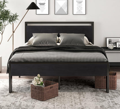 14 Inch Queen Size Metal Platform Bed Frame with Wooden Headboard and Footboard, Mattress Foundation, No Box Spring Needed, Large under Bed Storage, Non-Slip without Noise, Black Oak
