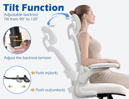 Ergonomic Office Chair - Desk Chair with Adjustable Headrest Lumbar Support Computer Chair - Mesh Comfy Chair with Flip-Up Armrests - Gaming Chairs for Adults Home Office (Leather, White)