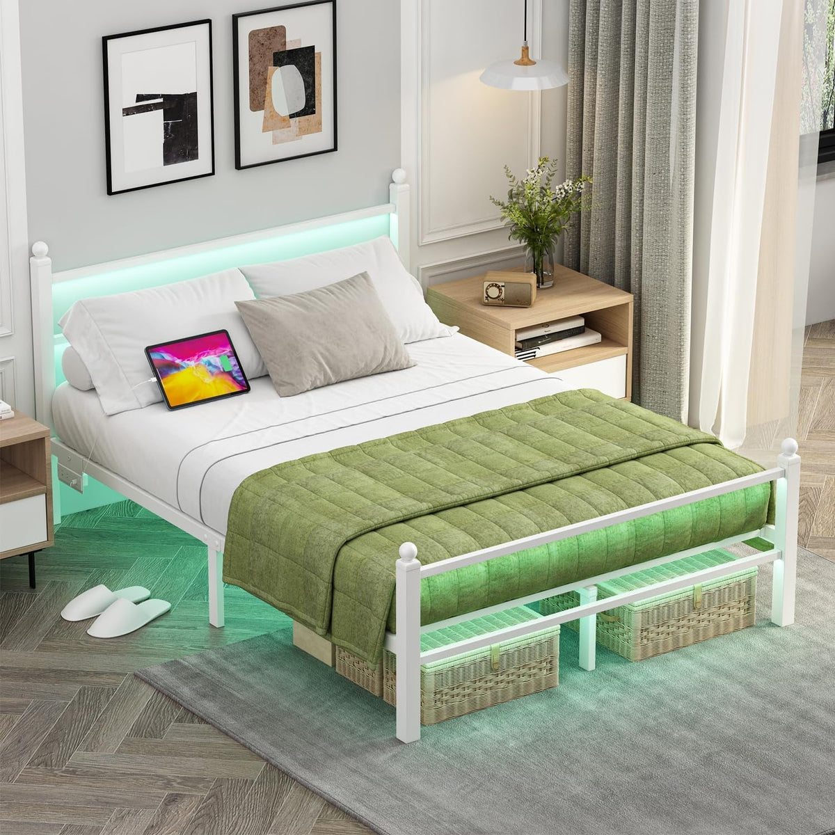 Full Size Bed Frame with Charging Station & LED Lights, Full Metal Platform Bed Frame with Headboard and Footboard, Storage Space under Bed, No Box Spring Needed, Noise Free, Easy Assembly, White