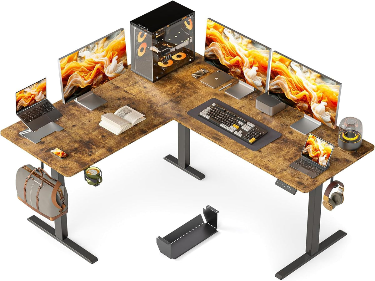 63X55 Inches Reversible L Shaped Standing Desk, Height Adjustable with Cup Holder, Electric Corner Computer Workstation, Sit Stand up Home Office, Ergonomic Gaming, Black