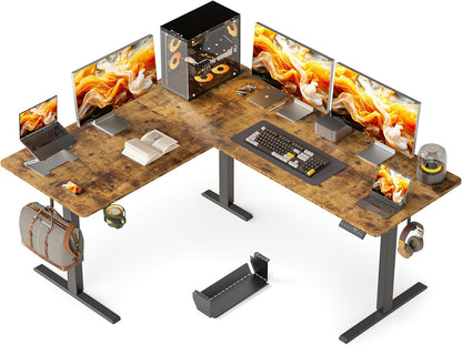 63X55 Inches Reversible L Shaped Standing Desk, Height Adjustable with Cup Holder, Electric Corner Computer Workstation, Sit Stand up Home Office, Ergonomic Gaming, Black