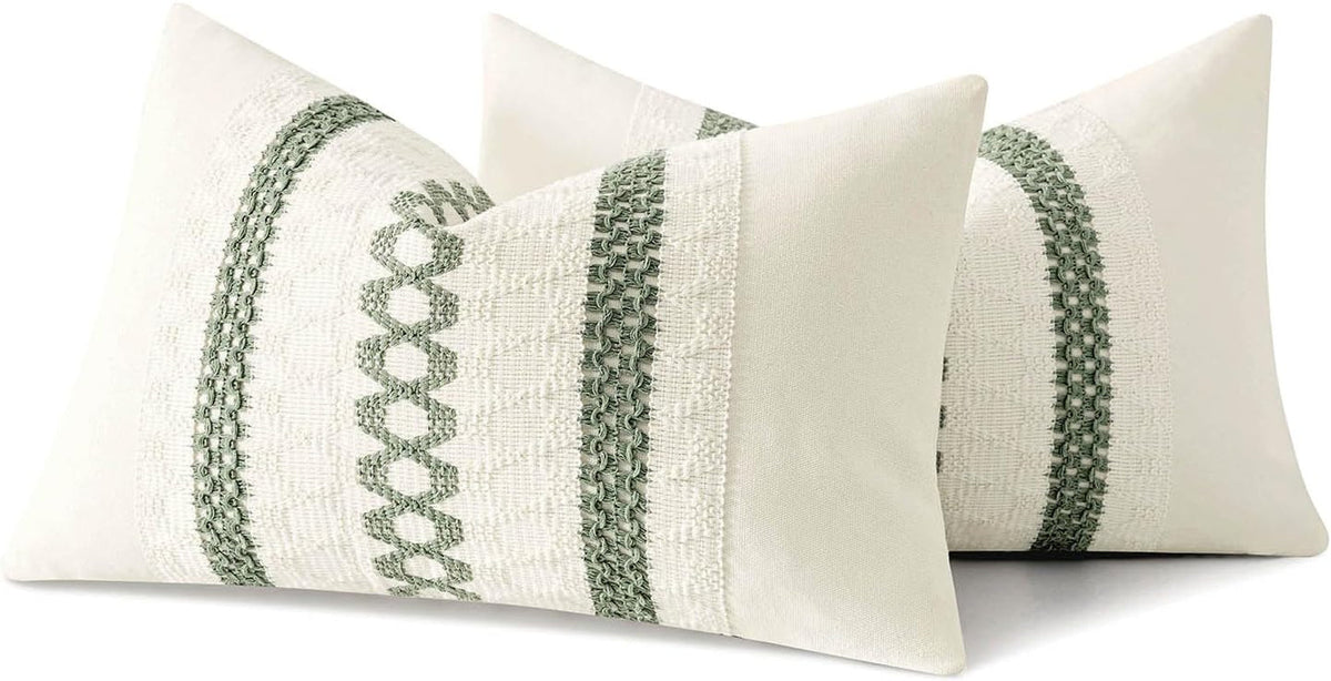Set of 2 Sage Green Boho Decorative Lumbar Pillow Covers 12X20 Inch Farmhouse Rustic Couch Throw Pillows Modern Summer Cushion Covers Retro Cute Macrame Woven Home Decor for Bed Sofa Chair