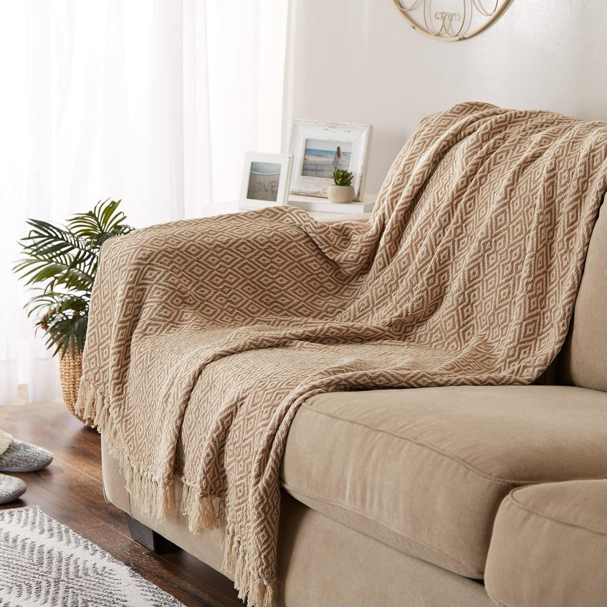 Rustic Farmhouse Double Diamond Woven Throw, 50X60, Stone
