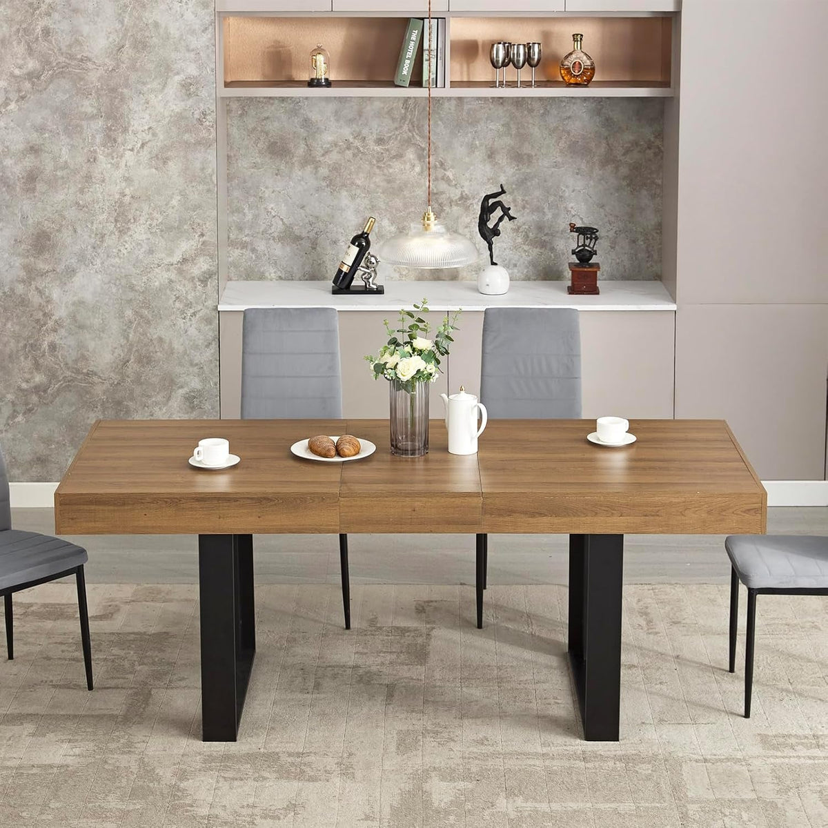 63”-79” Extendable Dining Room Table, Modern Farmhouse Wooden Kitchen Table, Long Expandable Dining Table for 6 8 10, Large Expanding Tables Conference Tables (Walnut Brown)