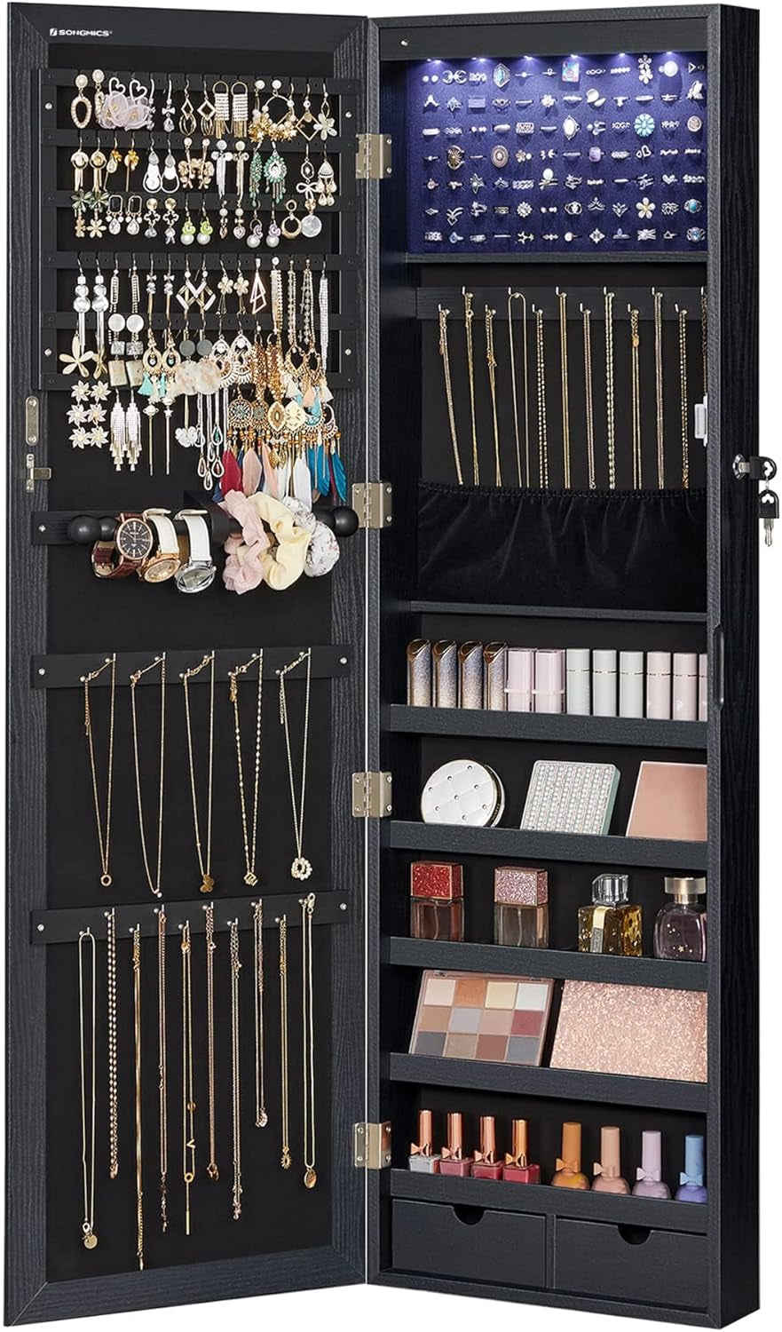 Lockable Mirrored Jewelry Armoire with 6 LEDs, Wall Mount, Black