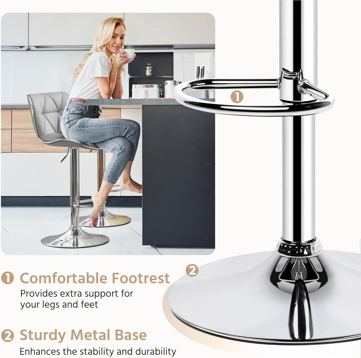 Bar Stools Set of 2, PU Leather Swivel Adjustable Barstools with Shell Back, Bar Chairs with Foma Padded for Home, Kitchen, Light Grey