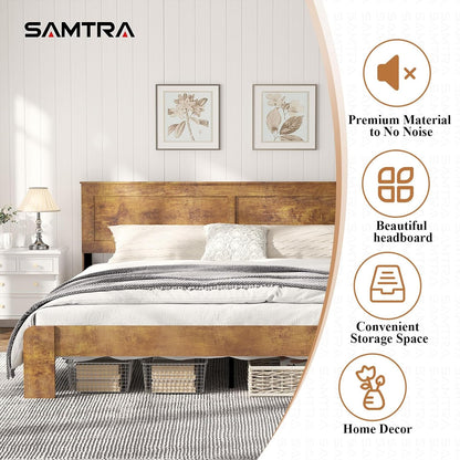Wooden Bed Frame King Size with Headboard, Farmhouse Platform Bedframe with Wood Slat Support, Sturdy Framework Bed Frame, Easy Assembly (Rustic Brown)