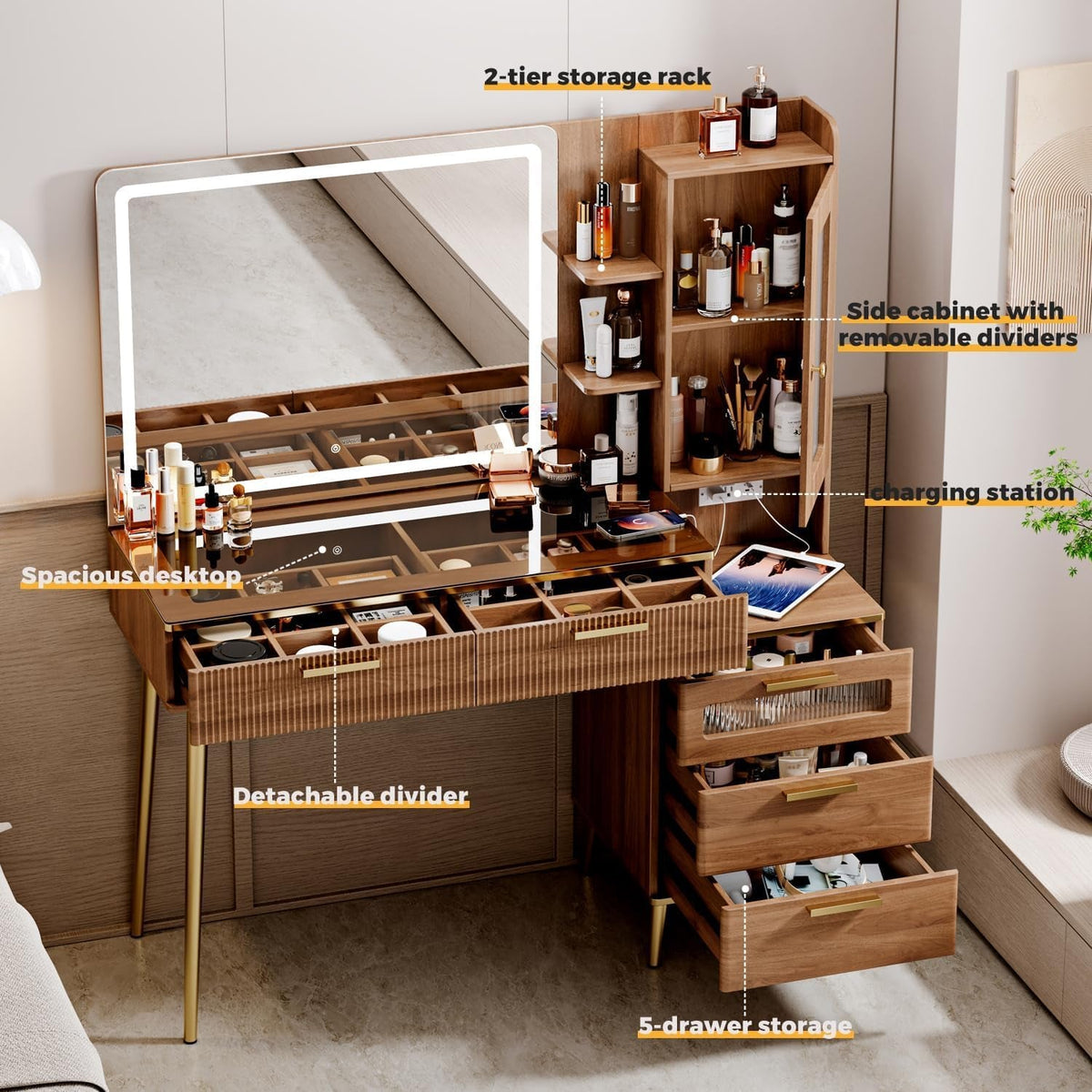 Vanity Desk with 29.53" HD Lighted Mirror, 47.24" Big Modern Vanity Desk with Mirror and Lights, Makeup Vanity with 5 Drawers and Storage Shelves and Charging Station, Brown