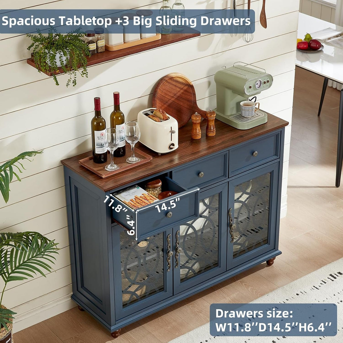 Farmhouse Sideboard Buffet Cabinet with Storage,48" Large Credenza with 3 Glass Doors & 3 Drawers,Adjustable Shelves Console Table,Wood Kitchen Coffee Bar for Dining Room,Living Room,Navy Blue