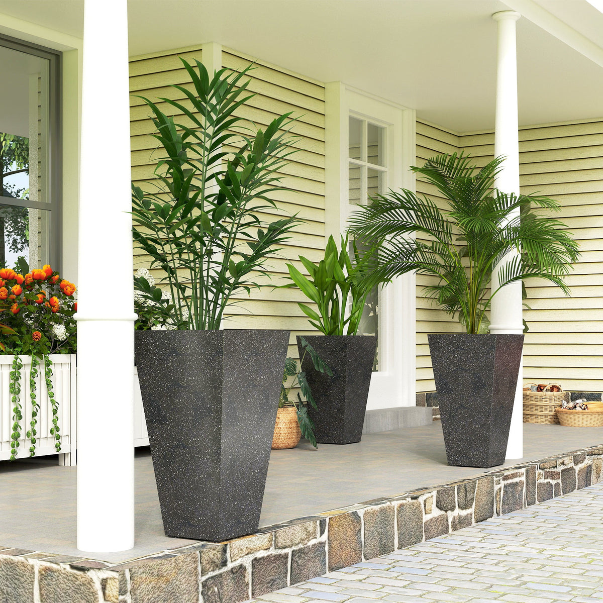 28" Tall Planters, Set of 3 Plastic Flower Pots with Marble Finish and Drainage Holes, Stackable Taper Planters, Black
