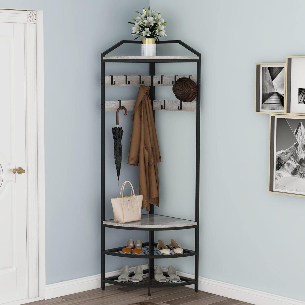 Grey Corner Hall Tree with Shoe Bench Entryway Coat Rack with 10 Metal Movable Hooks Rustic Farmhouse Floorstanding Clothes Rack Shoes Shelf Organizer for Home Office Bedroom (Greige)