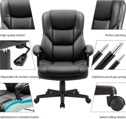 Office Executive Chair High Back Adjustable Managerial Home Desk Chair, Swivel Computer PU Leather Chair with Lumbar Support (Black)