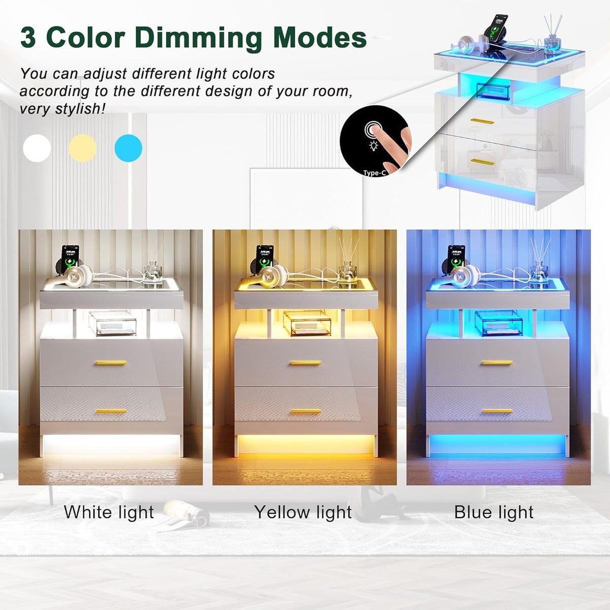 Auto LED Nightstand Set of 2, White Night Stand with Charging Station & USB Ports, High Gloss Bedside Table Has 2 Drawers,Modern End Side Table for Bedroom (White)
