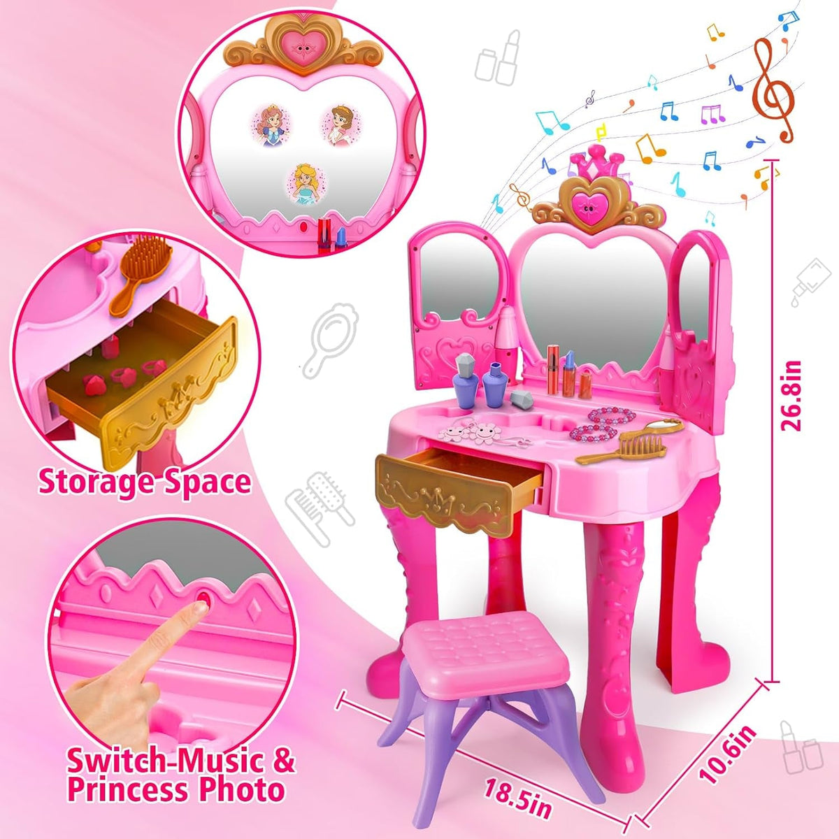Toddler Vanity Toy Set with Musical Lighted Mirror, Pink, Ages 3-5