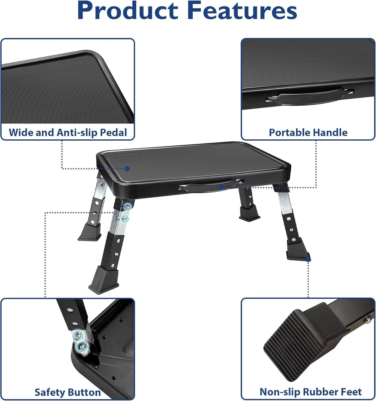 Folding Step Stool, 3-Level Adjustable Metal Step Stool with Anti-Slip Pedal and Locking Legs, 330Lbs Heavy Duty Folding Foot Stool, Portable Stepping Stool for Kids, Kitchen, Home, Office
