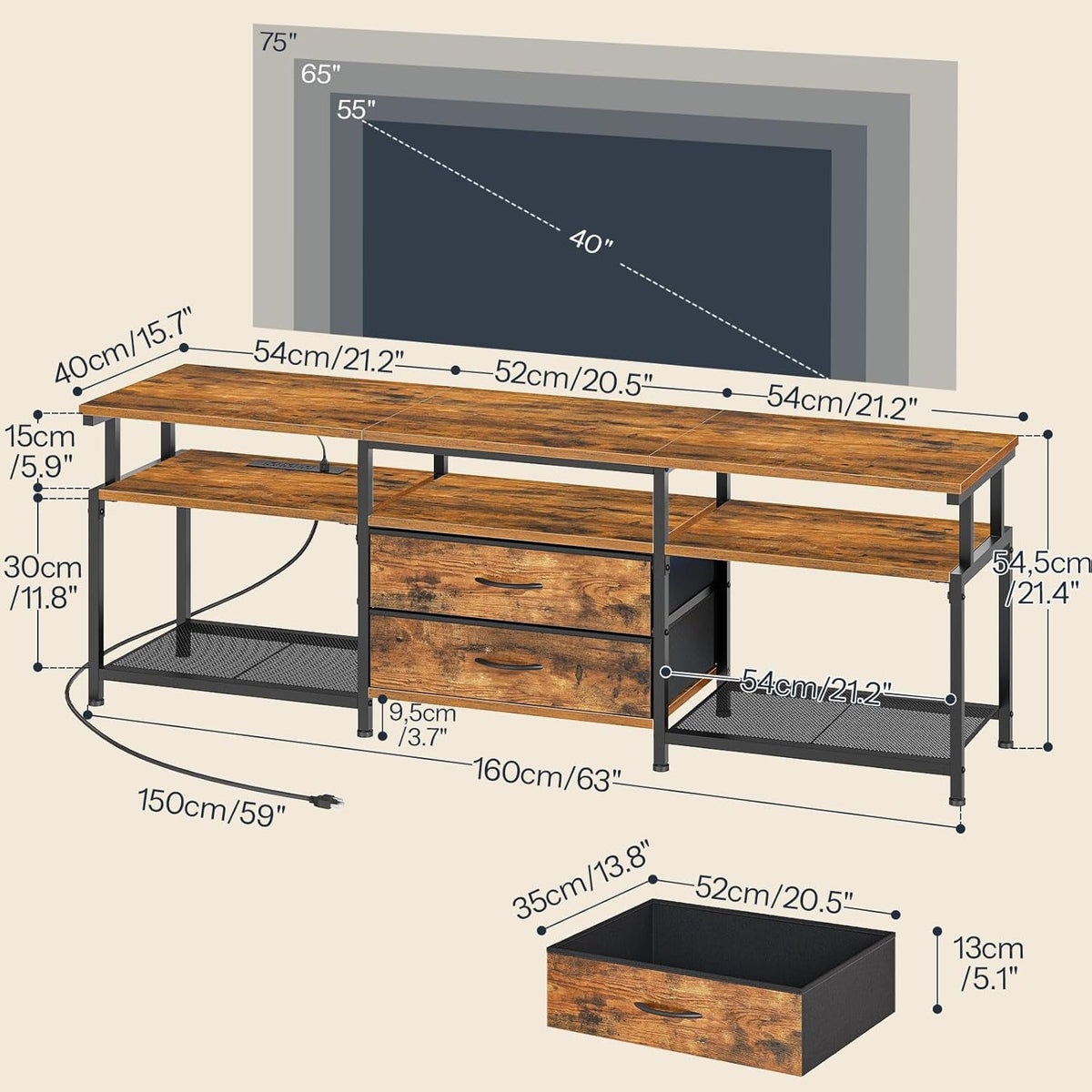TV Stand with Power Outlet and LED Light, Entertainment Center for Tvs up to 75 Inch, Modern Media Console Table with 2 Non-Woven Drawers, for Living Room, Bedroom, Rustic Brown BF55UDDS01