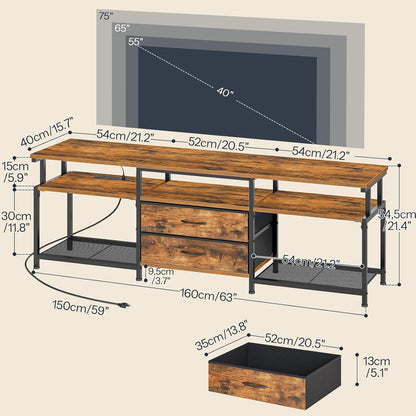 TV Stand with Power Outlet and LED Light, Entertainment Center for Tvs up to 75 Inch, Modern Media Console Table with 2 Non-Woven Drawers, for Living Room, Bedroom, Rustic Brown BF55UDDS01