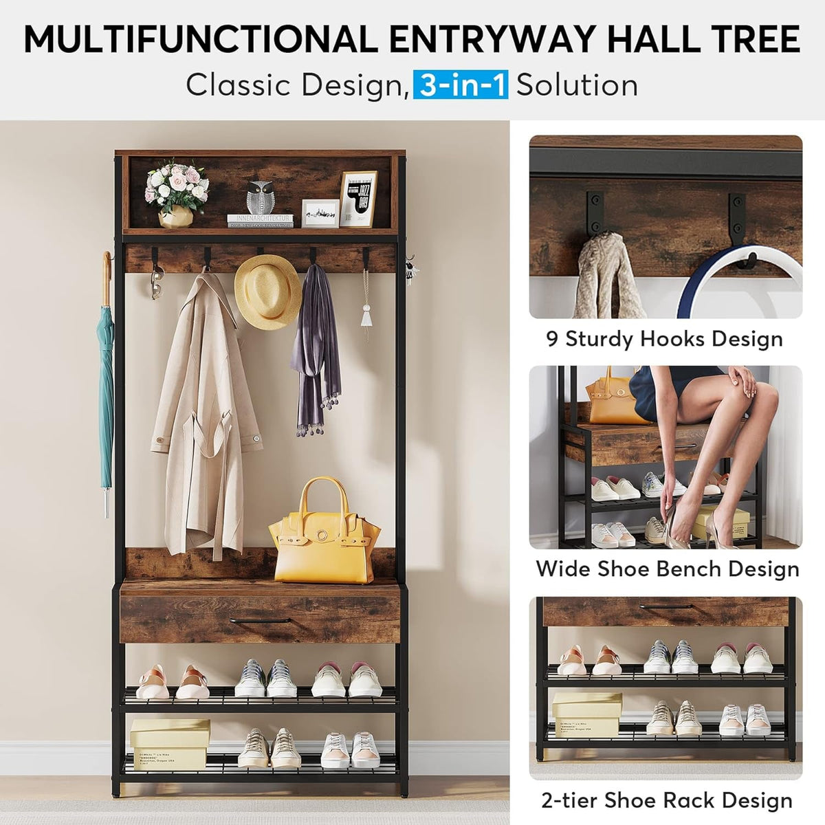 3-In-1 Entryway Hall Tree with Drawer, Vintage Industrial Coat Rack with Shoe Bench and Hutch, Mudroom Bench with Shoe Storage Rack and 9 Hooks for Living Room Bedroom (Brown)