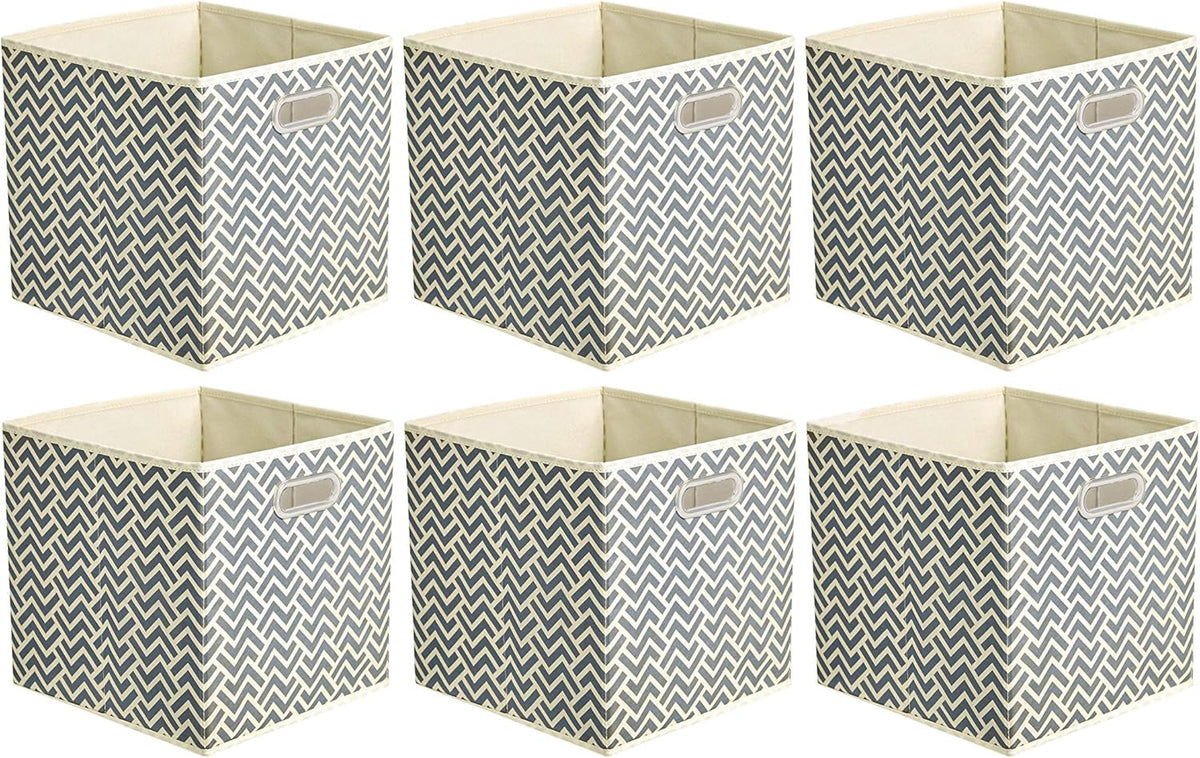 Collapsible Storage Bins with Handle, Space-Saving, Breathable Cube Organizer, 10.5" X 10.5" X 11", Chevron Grey, 6-Pack