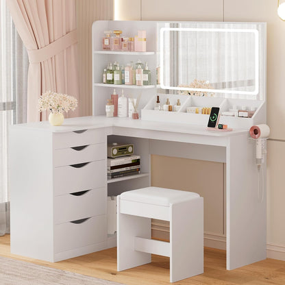 Vanity Desk with Lights and Mirror, L Shaped Makeup Table, Dresser with Hairdryer Holder and Power Outlet, Adjustable 3 Lighting Modes, 5 Drawers and Adjustabled Open Storage Shelves, White