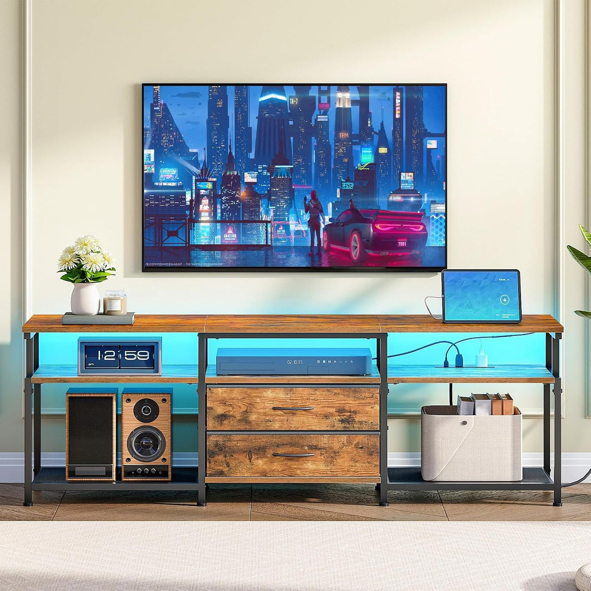 TV Stand with Power Outlet and LED Light, Entertainment Center for Tvs up to 75 Inch, Modern Media Console Table with 2 Non-Woven Drawers, for Living Room, Bedroom, Rustic Brown BF55UDDS01