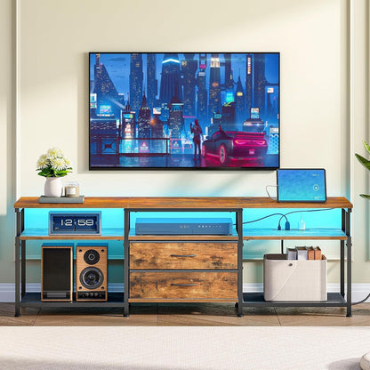TV Stand with Power Outlet and LED Light, Entertainment Center for Tvs up to 75 Inch, Modern Media Console Table with 2 Non-Woven Drawers, for Living Room, Bedroom, Rustic Brown BF55UDDS01