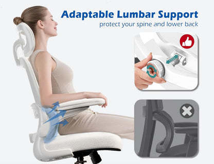 Ergonomic Office Chair - Desk Chair with Adjustable Headrest Lumbar Support Computer Chair - Mesh Comfy Chair with Flip-Up Armrests - Gaming Chairs for Adults Home Office (Leather, White)