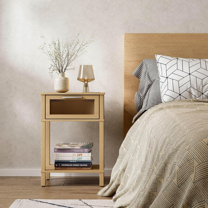 Nightstand Wooden Bedside Table with Drawer Natural Wood Night Stands Modern Style Small End Table Side Table with Storage Shelf for Bedroom Living Room MLBZ10YEV