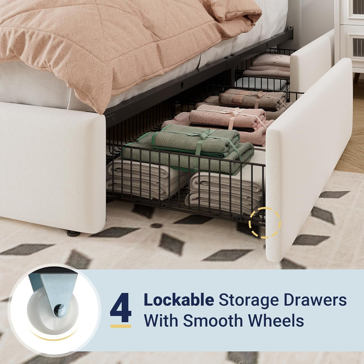 Full Size Storage Bed Frame, Vertical Channel Tufted Adjustable Headboard, Velvet Upholstered Platform Bed with 4 Oversized Underbed Drawers, Wooden Slats Support, No Box Spring Needed, White