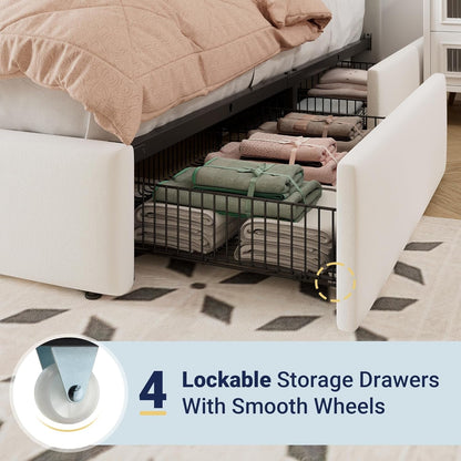 Full Size Storage Bed Frame, Vertical Channel Tufted Adjustable Headboard, Velvet Upholstered Platform Bed with 4 Oversized Underbed Drawers, Wooden Slats Support, No Box Spring Needed, White