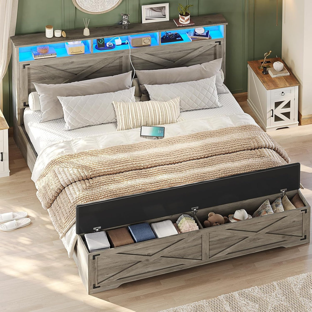 Queen Size Bed Frame with Storage Ottoman, Farmhouse Bed Frame with Charging Station and Led Light, Headboard with Storage Rack, Metal Slats, No Noise Design, No Box Spring Needed,Oak Grey