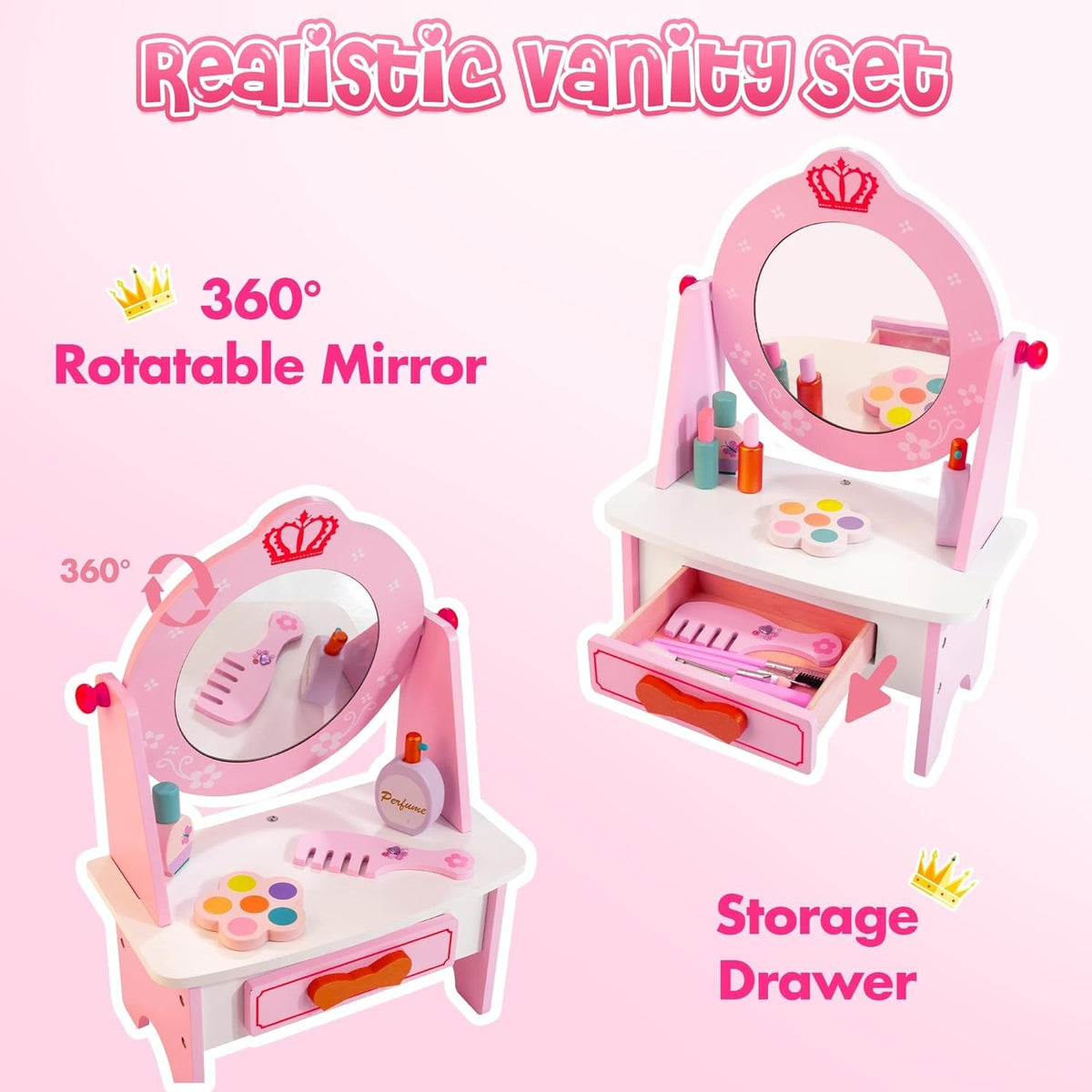 Wooden Vanity Set for Kids, Pretend Play Toddler Makeup Vanity with Acrylic Mirror, Beauty Salon Play Set for Little Girls Age 3+, Toys Gifts Includes Makeup Accessories and Bonus Stickers