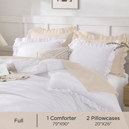 Comforter Full Size Set White, 3 Pieces Ruffle Farmhouse Shabby Chic Gift Full Comforter Set, Soft Lightweight Fluffy All Season Room Decor Bed Set for Girls Women Teens Daughter