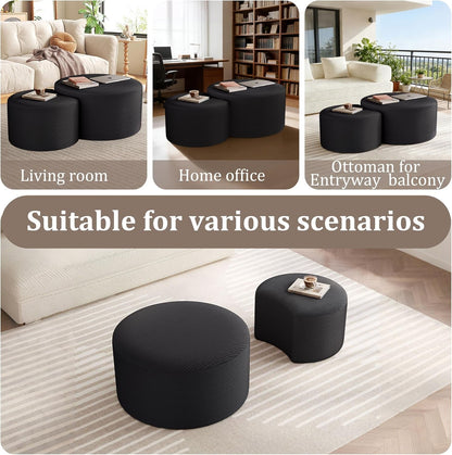 Nesting Coffee Table Set of 2, Upholstered round Corduroy Circle Foam round Side Table for Living Room, Entryway Set, 32"+17" Footrest No Assembly (Black, 32"+17")