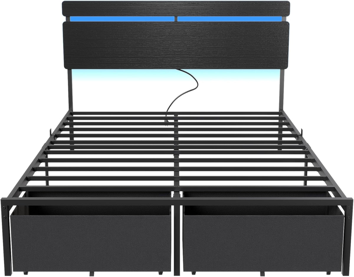Queen Bed Frame with Wood Headboard, Black Platform Bed with 2 Storage Drawers & Shelf, Built-In Charging Station & LED Lights, Metal Support, No Box Spring Needed, Cama Queen Size