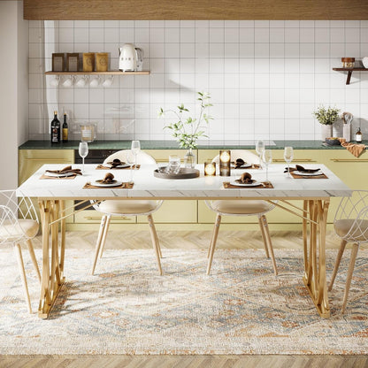 63-Inch Faux Marble Dining Table with Gold Geometric Legs