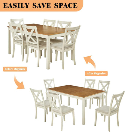 7-Piece Farmhouse Dining Set, 60-Inch Table, Rustic Cream