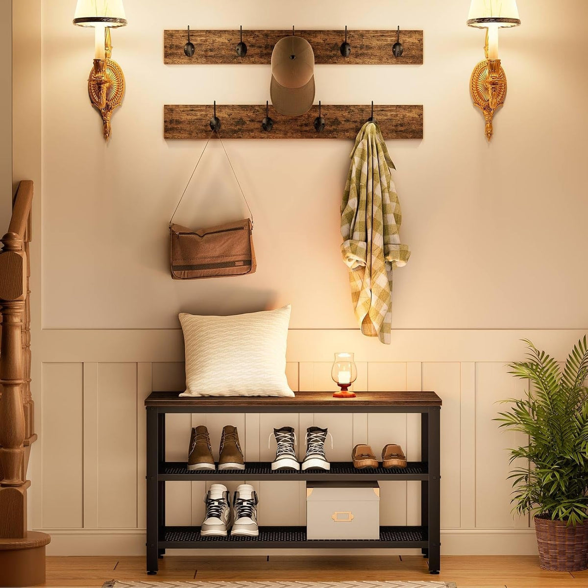 Hall Tree Entryway Storage Bench, Coat Rack Shoe Bench, Shoe Rack Organizer with Coat Hooks, 3-In-1 Design, Wooden Furniture with Metal Frame, Rustic Brown and Black BF17MT01
